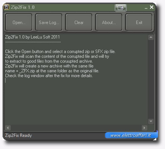 Interfaccia grafica del programma per riparare file ZIP