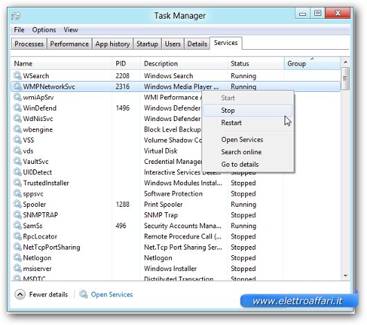 Finestra della funzione Services del task manager di Windows 8