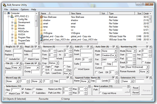 Interfaccia grafica del software Bulk Rename Utility