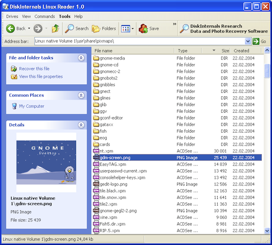 Schermata di utilizzo dell'applicazione DiskInternals Linux Reader
