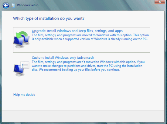 Scelta del tipo di installazione di Windows 8