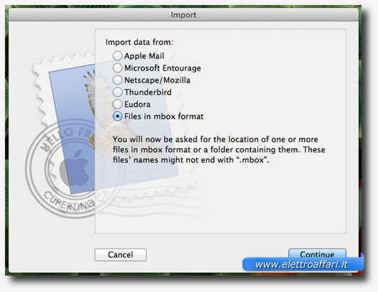Schermata del Mac per l'importazione delle email