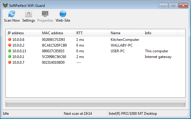 Interfaccia grafica del software SoftPerfect WiFi Guard