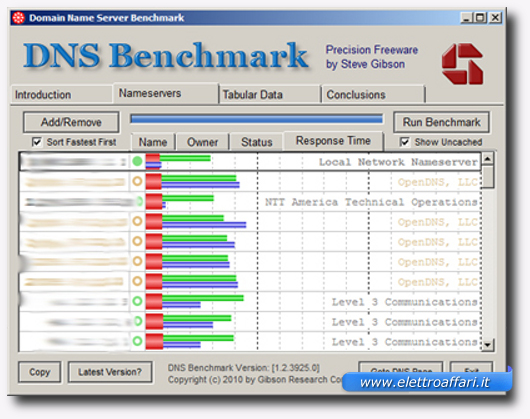 Schermata di un programma che mostra la lista dei DNS