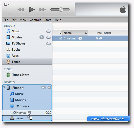Schermata di iTunes per copiare la suoneria sull'iPhone