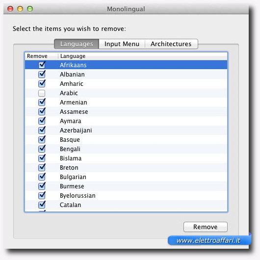 Schermata delle impostazioni di lingua del Mac