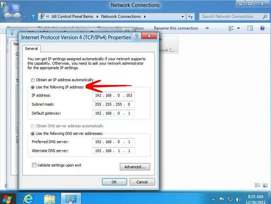 Schermata di Windows 8 per l'inserimento dell'indirizzo IP
