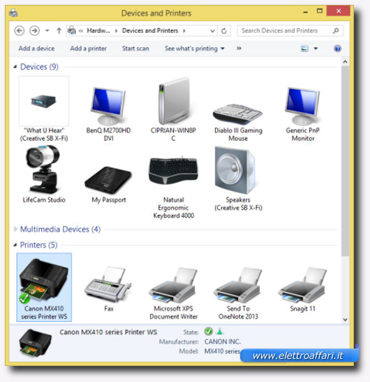 Schermata dei dispositivi e delle stampanti installate su Windows