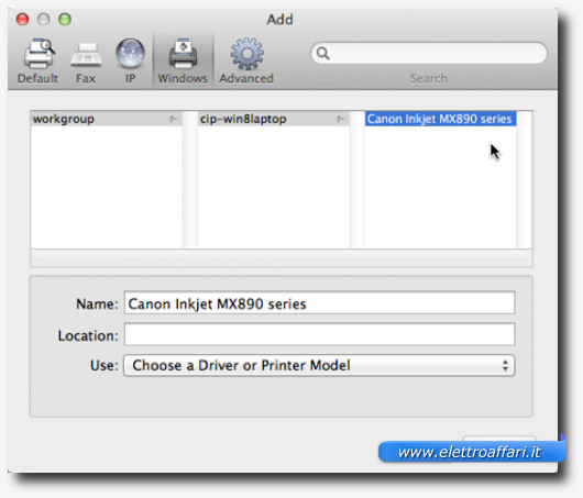 Schermata per aggiungere una stampante su Mac