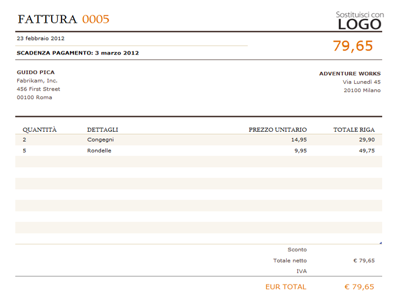 Immagine del modello di fattura in excel