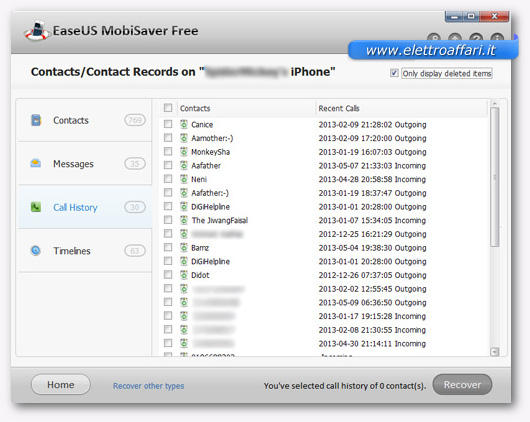 Schermata del software con la lista dei file recuperati