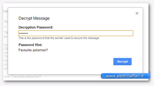 Schermata per l'inserimento della password per decriptare il messaggio