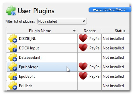 Schermata di installazione del plugin EpubMerge