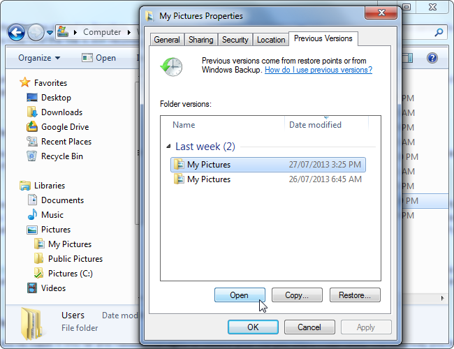 Schermata della funzionalità di ripristino delle versioni precedenti di Windows 7