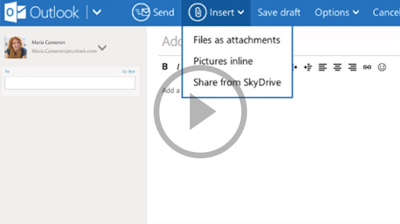 Schermata di Outlook per condividere un file caricato su SkyDrive