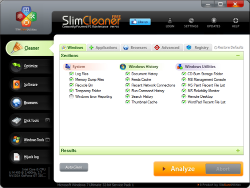 Interfaccia grafica del programma SlimCleaner