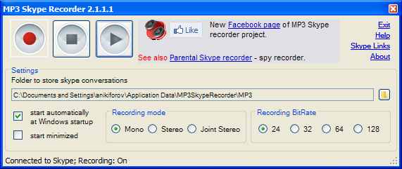 Schermata del software MP3 Skype Recorder