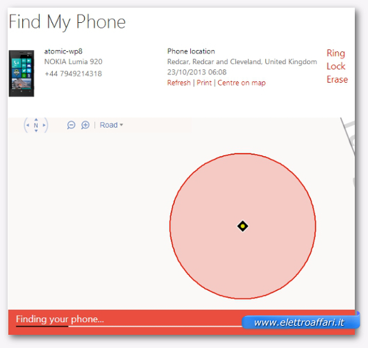 Schermata del sito di tracciamento dello smartphone