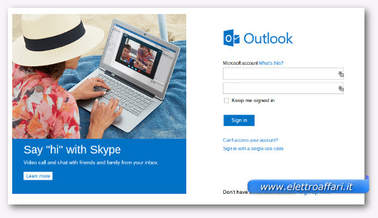 Immagine della schermata di autenticazione di Outlook