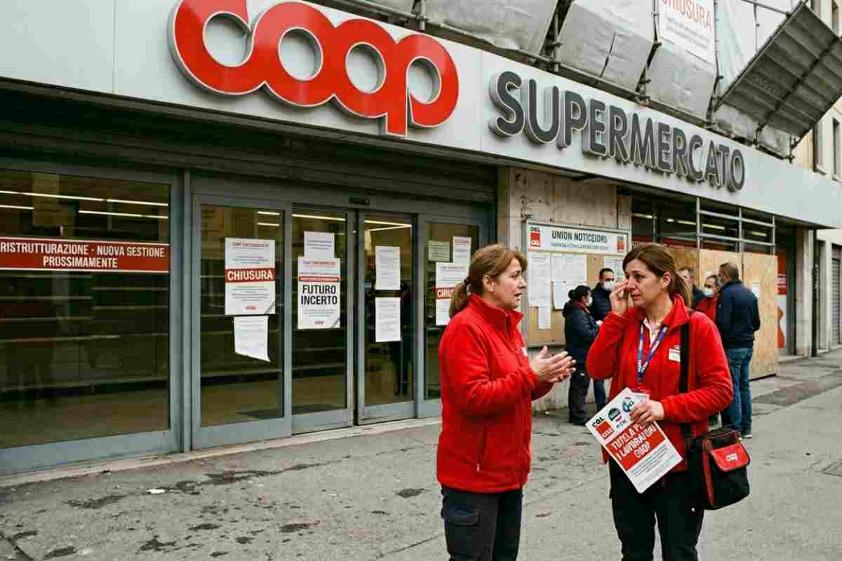 due dipendenti davanti a un supermercato coop