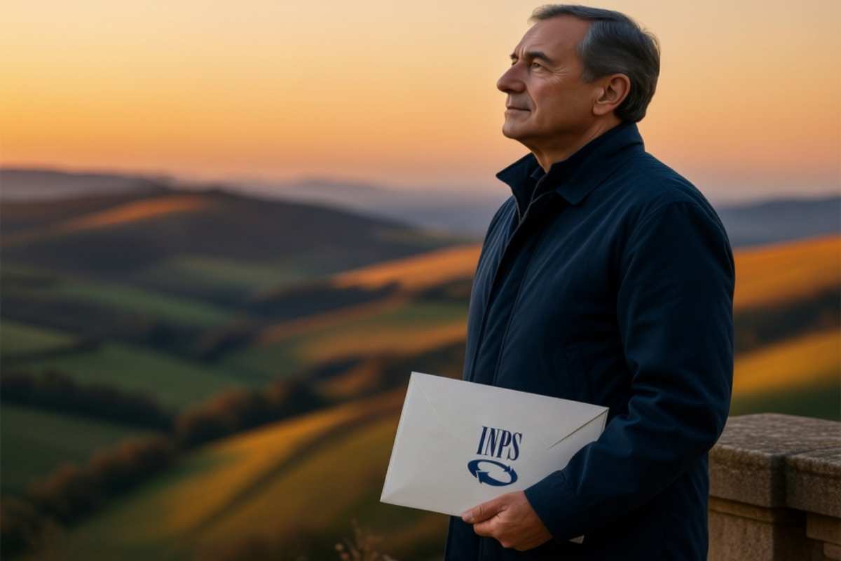 un uomo al tramonto con sotto braccio una busta con la dicitura inps