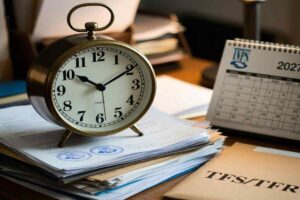 una sveglia, un calendario inps e una busta con scritto tfs tfr