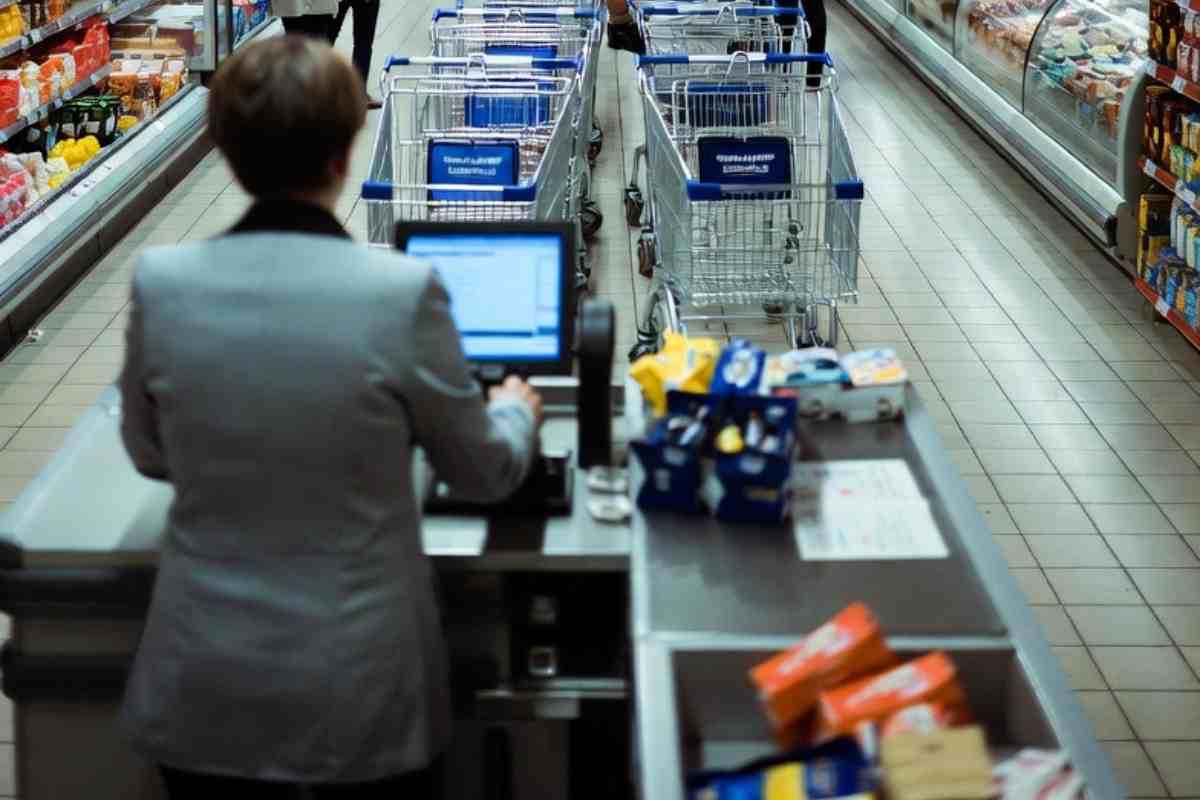 cassiera di un supermercato di spalle
