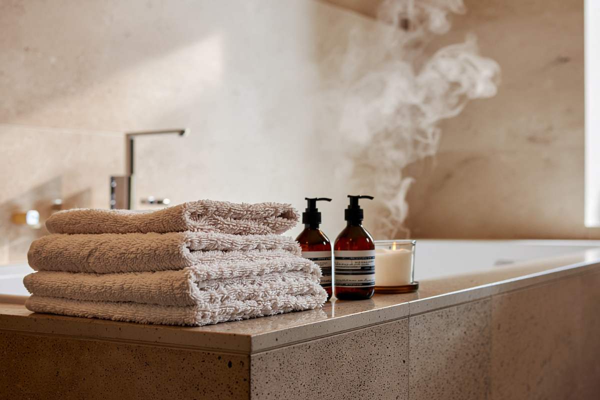 bagno con aromi e asciugamani piegati 