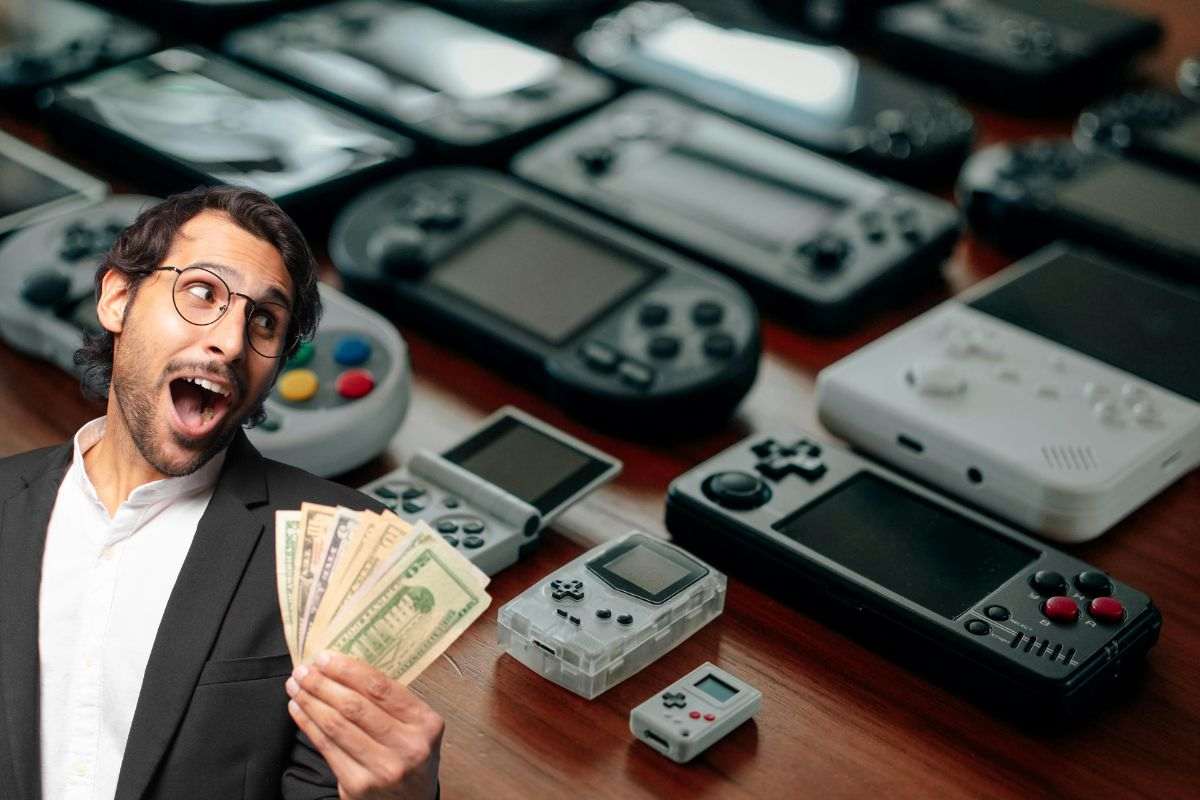 uomo con soldi che guarda diverse console gioco